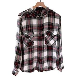 Sanctuary Women’s Boyfriend Fit Plaid Roll Tab Shirt Red Green White Size Medium